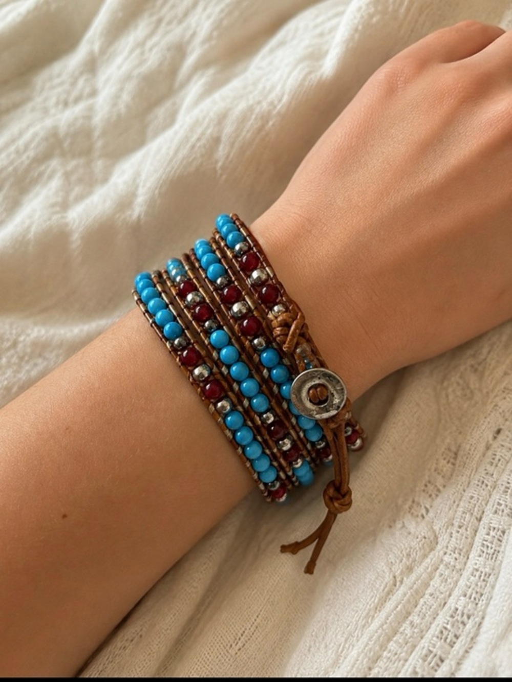 Turquoise Red Beaded Leather Wrap Bracelet Boho Western Southwestern Jewelry
